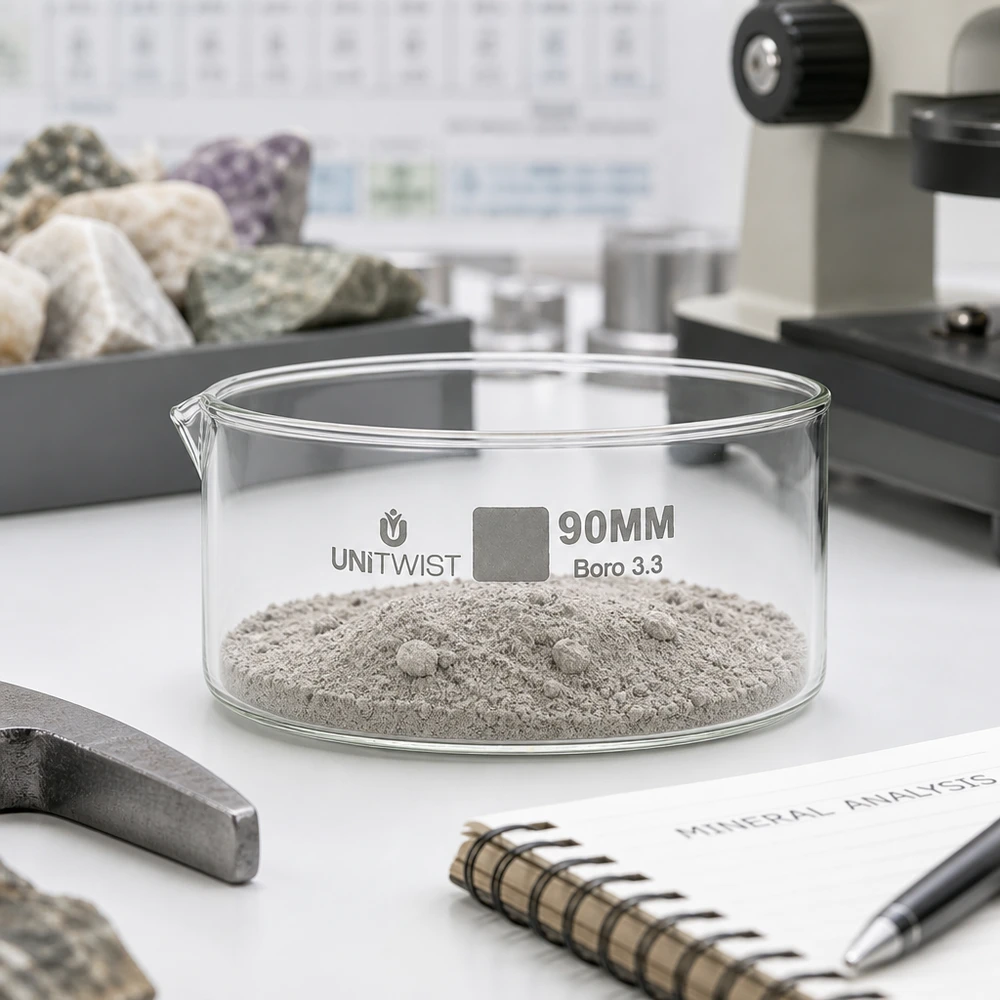 Bandeja de cristalização UNiTWIST de 90 mm com pó mineral cinzento na mesa de laboratório de análise de rochas