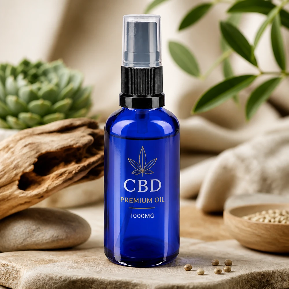 Frasco de vidro azul com 50 ml e proteção UV, com bico pulverizador, para óleo de CBD e cosméticos naturais