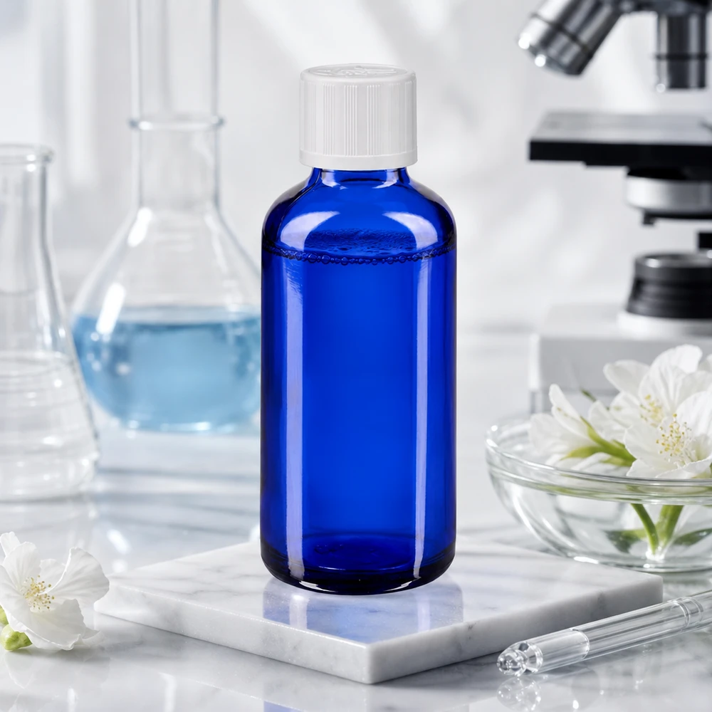 Frasco de vidro azul de 50 ml com tampa KiSi no laboratório, ao lado do microscópio e do frasco de Erlenmeyer