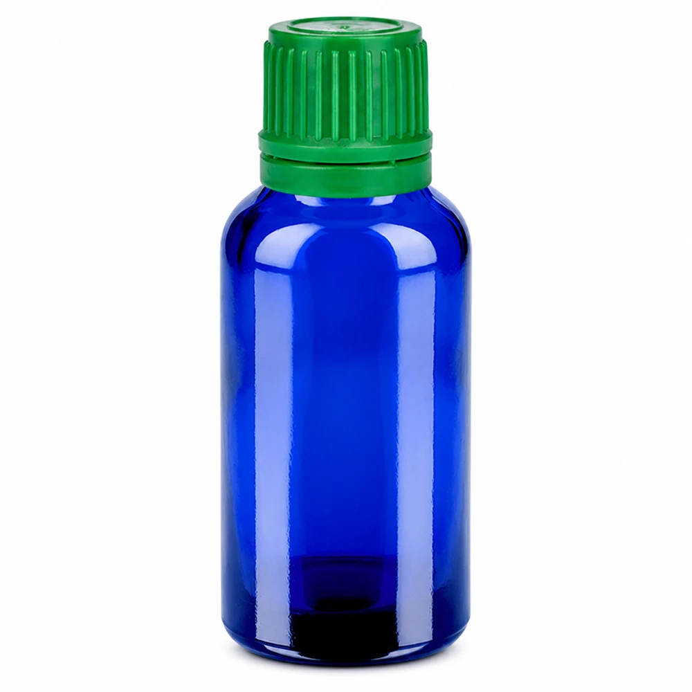 Frasco de 30ml com tampa de rosca de 11mm verde tampa inviolável BlueLine UT18/30 Frasco conta-gotas de 30 ml em vidro azul com tampa de rosca verde para óleos essenciais