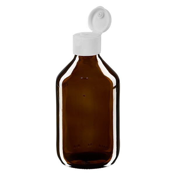 Frasco de medicamento de 250ml castanho, com tampa flip-top ApoGlas Frasco de medicamento de 250ml castanho, com tampa flip-top ApoGlas