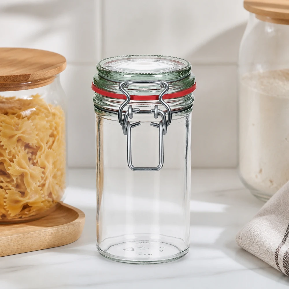 Frasco de conservação de 272 ml, tipo G, com tampa de fecho de alça UN.. Frasco de armazenagem de 272 ml com tampa basculante e selo vermelho numa cozinha moderna ao lado de recipientes para massas e brancos