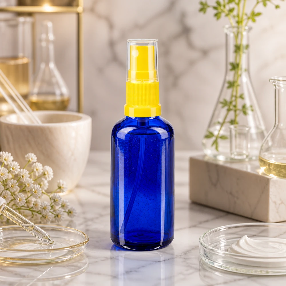 Frasco de farmácia azul 50ml spray top amarelo Pequeno frasco de vidro azul de 50 ml com pulverizador amarelo sobre mármore branco