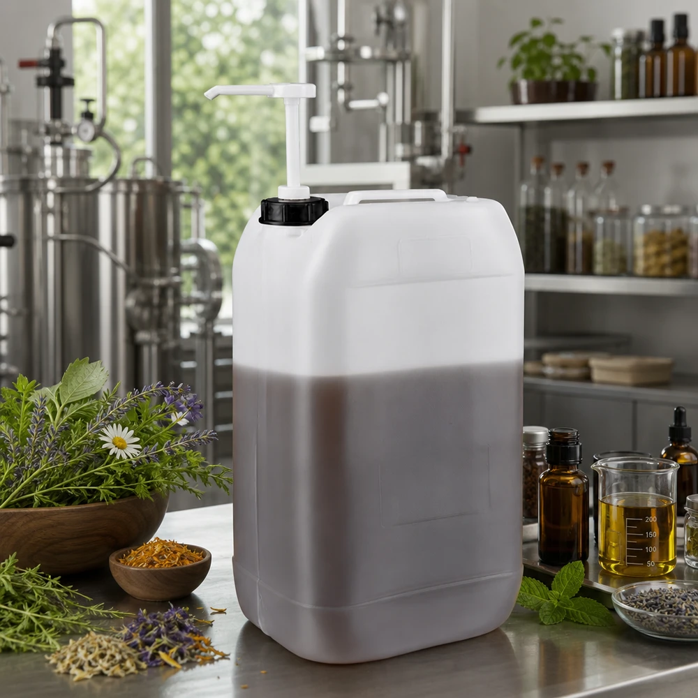 Recipiente de 15 litros com bomba dosadora, rodeado por ervas medicinais, lavanda e óleos essenciais, na produção de cosméticos naturais