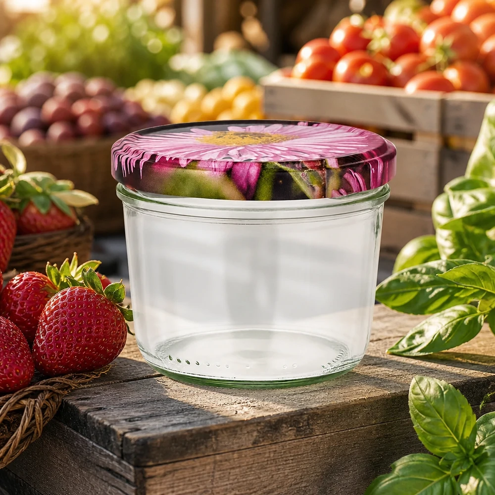 Copos de 230 ml com tampa de flor numa tábua de madeira entre morangos e legumes frescos num ambiente de mercado