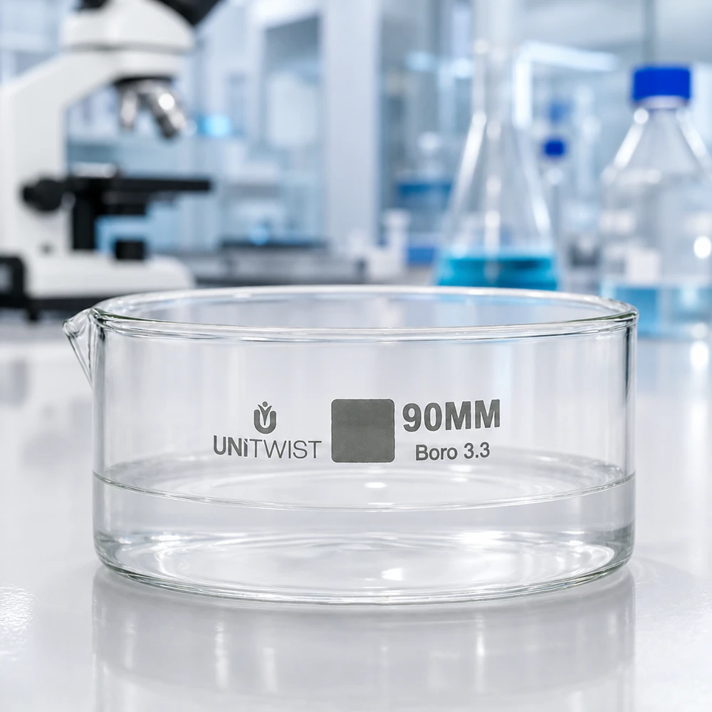Recipiente de cristalização vazio de 90 mm UNiTWIST Boro 3.3, em frente a um fundo de laboratório com um microscópio e um frasco de Erlenmeyer