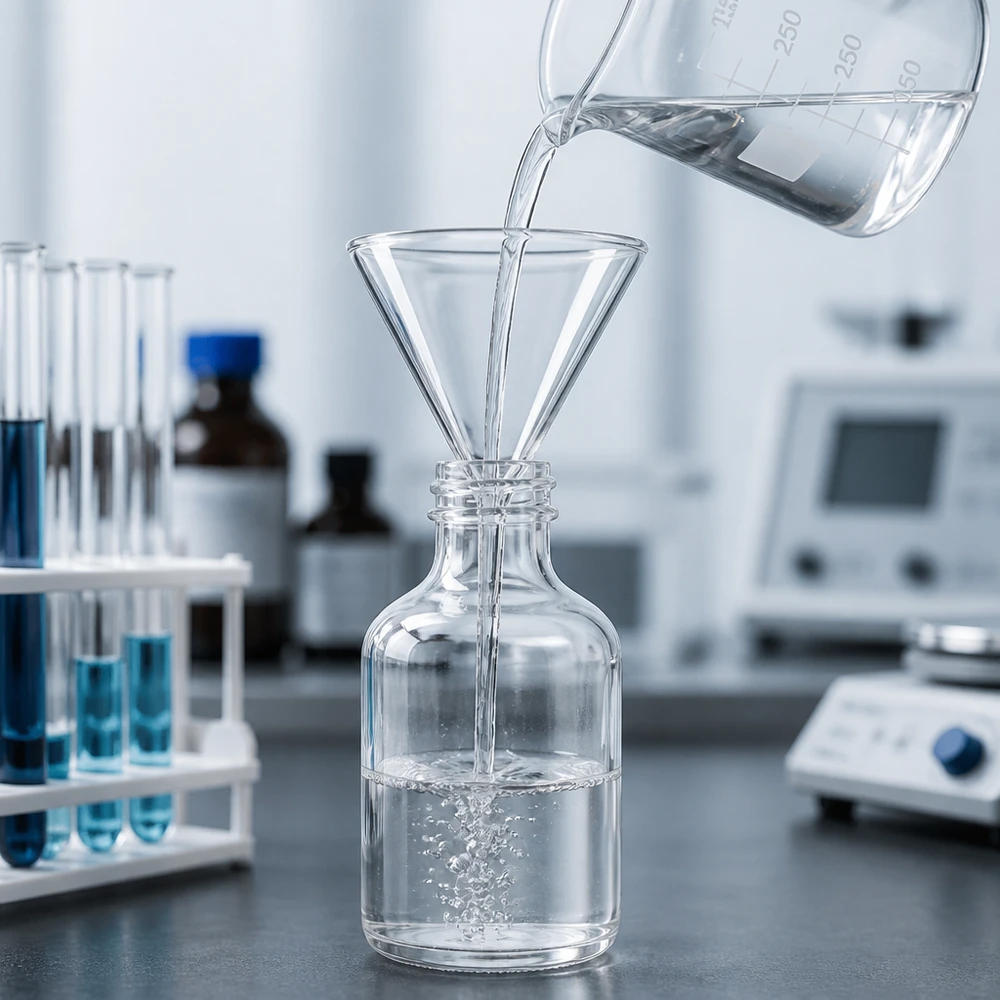 Funil ø100mm cal sodada, ângulo 60°, estilo curto Funil de laboratório de haste curta, com 100 mm, em vidro de cal e soda resistente, para aplicações químicas e análises