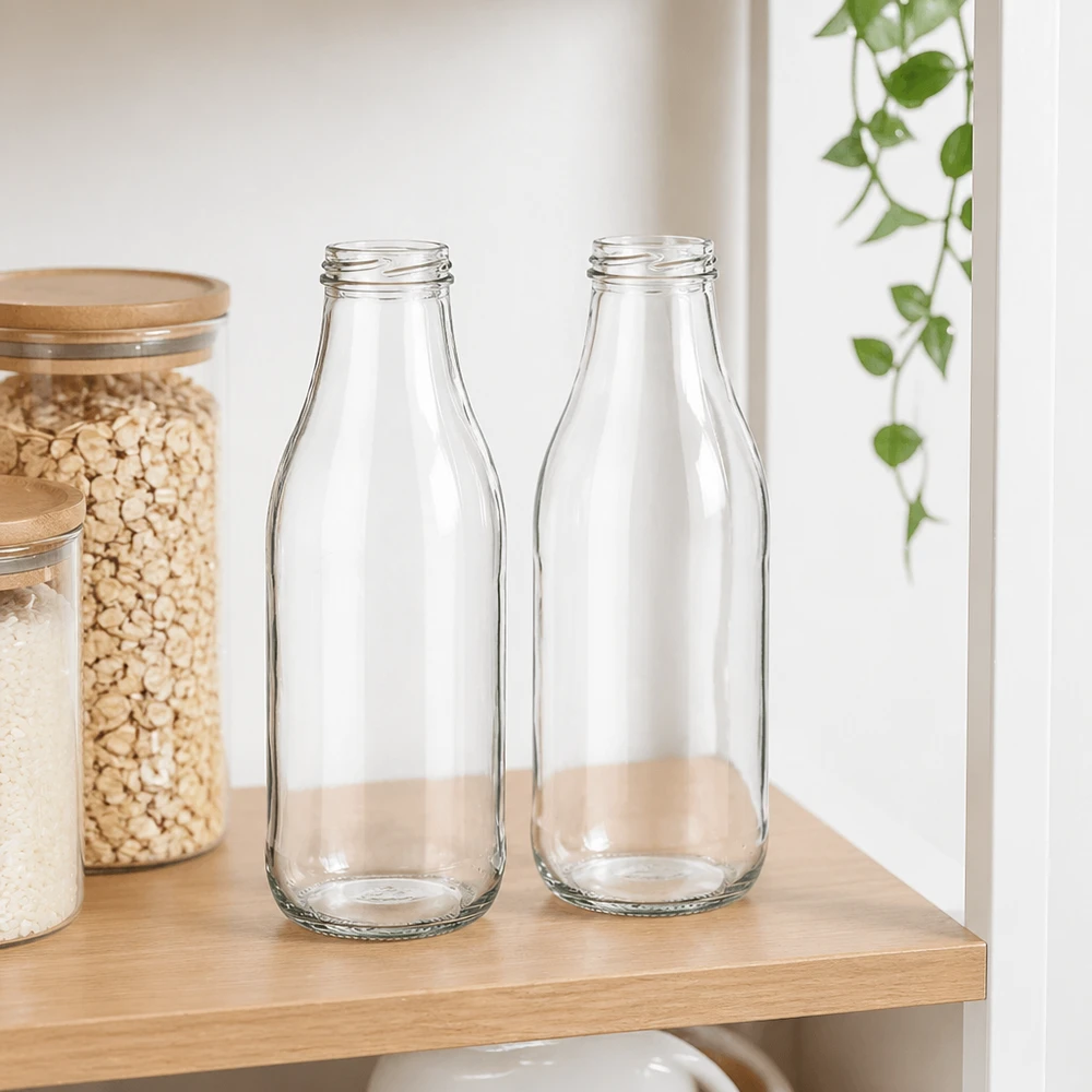 Garrafas de vidro de 1000 ml TO48 UNiTWIST duas garrafas de leite vazias numa prateleira de madeira numa cozinha moderna com frascos de arrumação