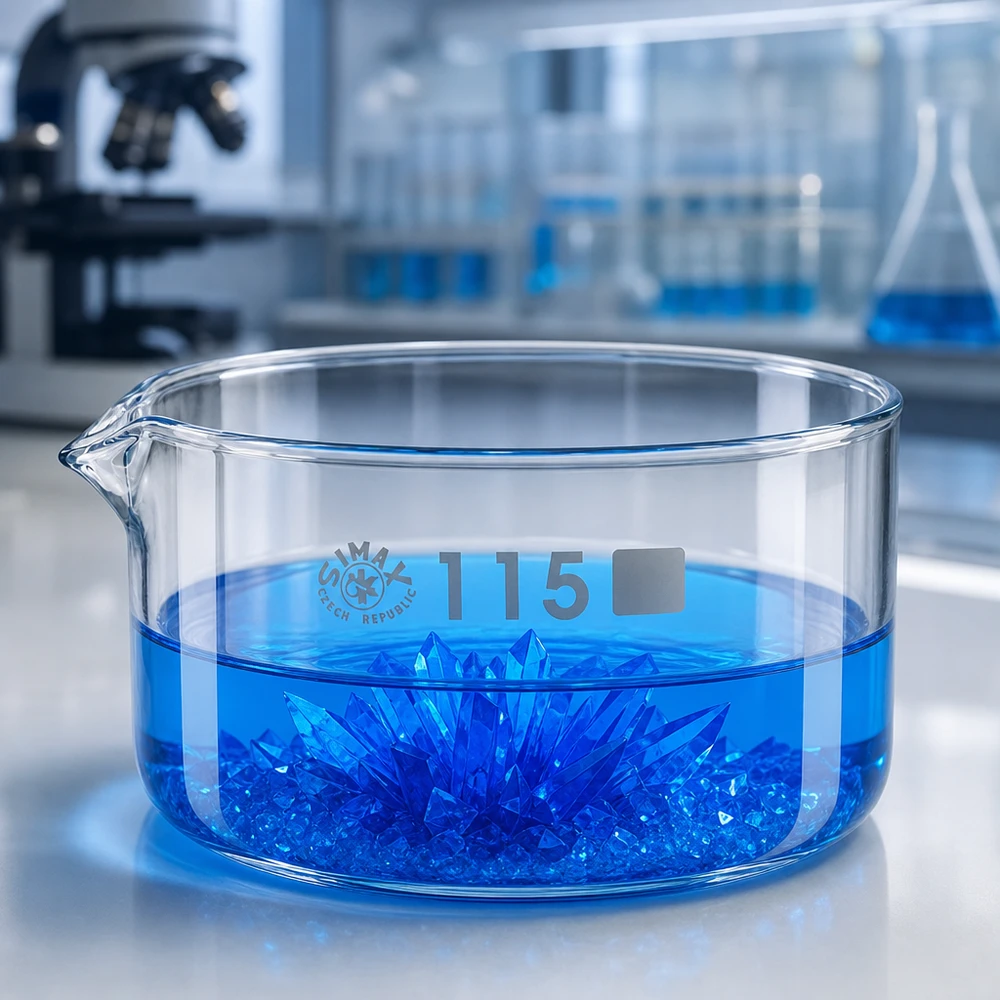 Prato de cristalização de 500ml com bico em borosilicato ø115mm Taça plana de vidro de 500 ml com cristais azuis, de vidro borossilicato SIMAX para laboratório, com 115 mm de diâmetro