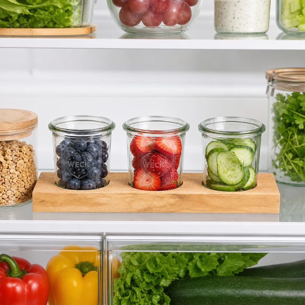 Tabuleiro de servir Plano3 com frascos WECK de 140 ml no frigorífico cheios de mirtilos, morangos e pepino