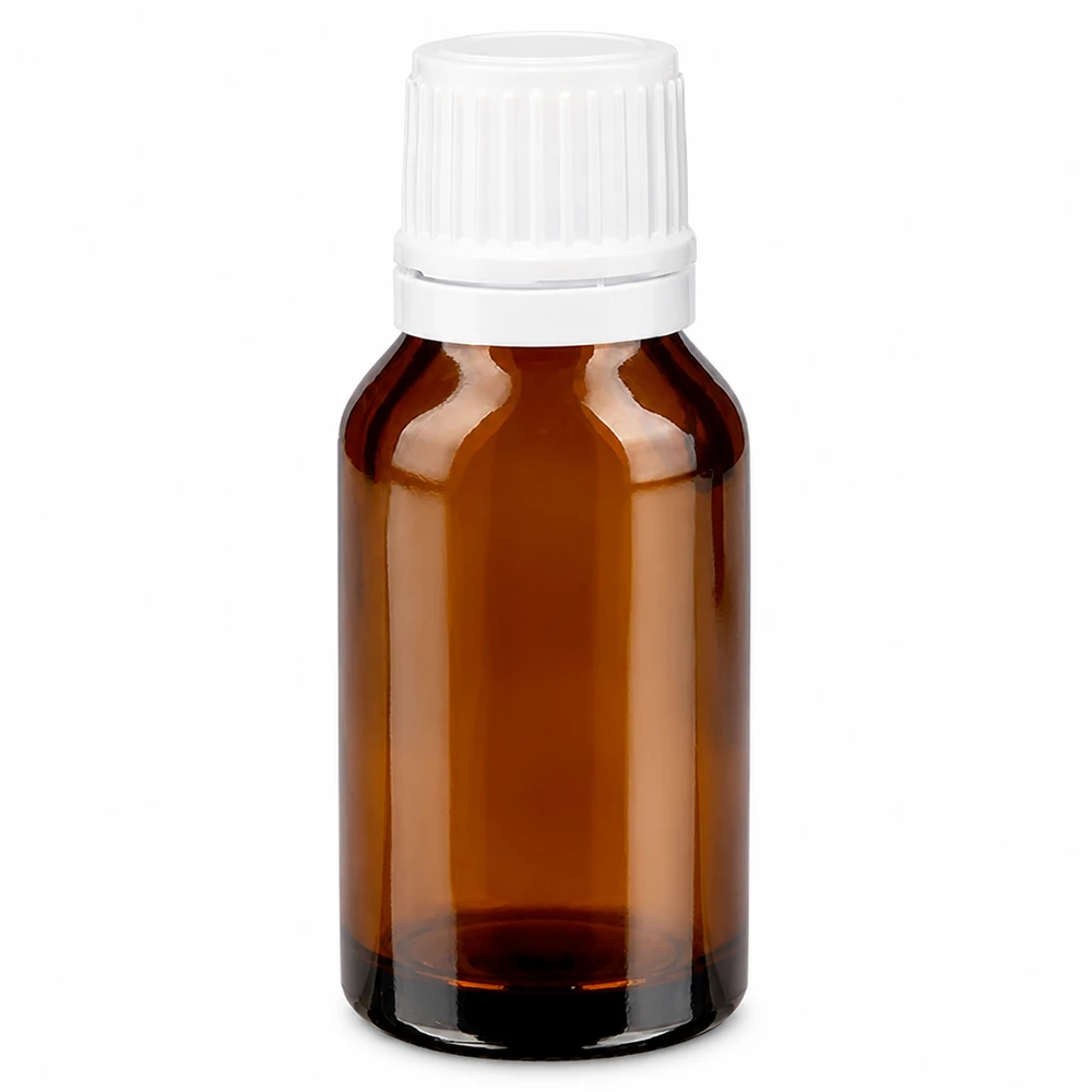 Frasco de farmácia castanho de 15 ml com tampa de segurança branca em vidro castanho