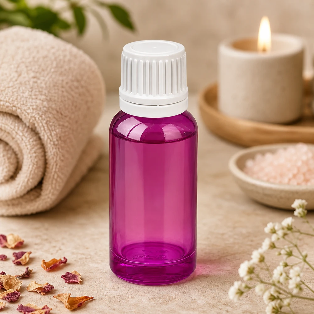Frasco conta-gotas roxo de 20 ml em plástico resistente com tampa de rosca branca para cosméticos líquidos