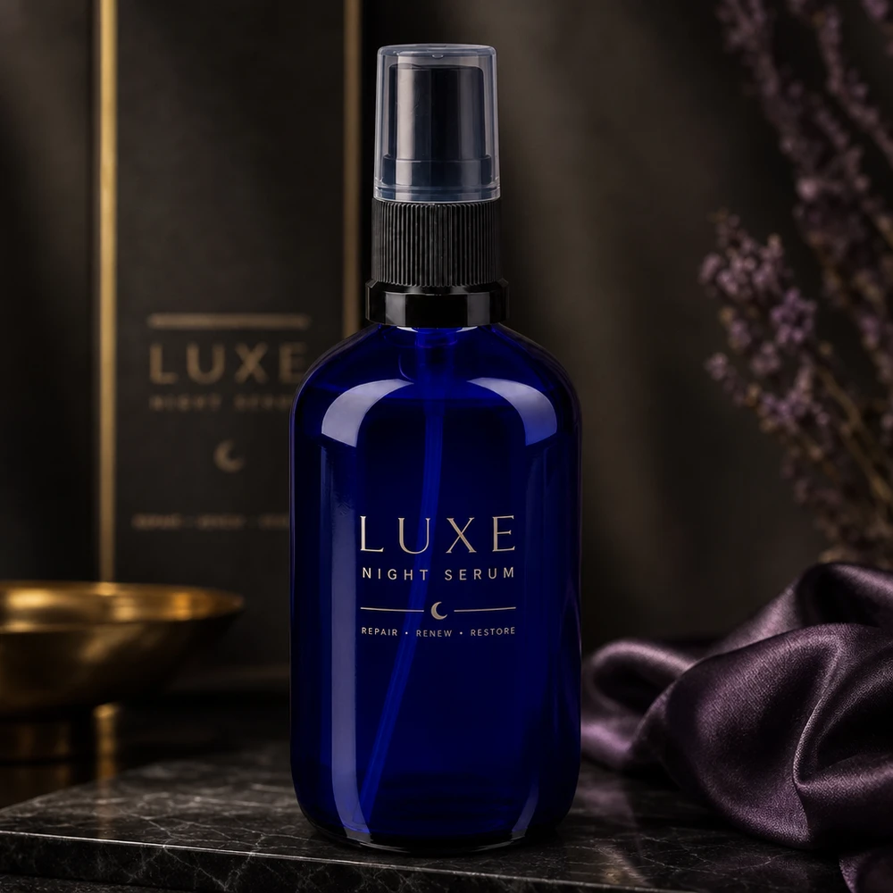Frasco de spray de vidro azul luxuoso de 100 ml com pulverizador preto, sobre fundo de mármore com tecido de seda e flores secas
