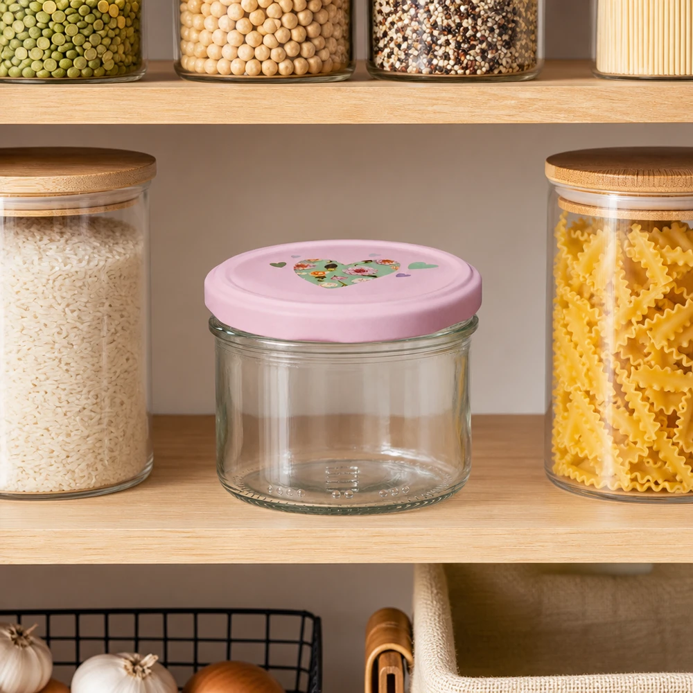 Jarro de 230 ml + tampa BasicSeal coração rosa Frasco cilíndrico de 230 ml com tampa cor-de-rosa em forma de coração numa despensa organizada entre a massa e o arroz, ideal para organizar a cozinha.