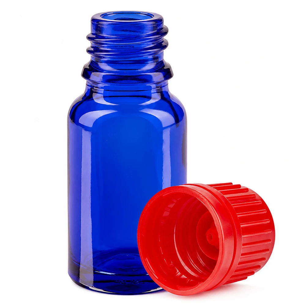 Frasco de vidro de 10 ml azul com tampa vermelha 11 mm SV Série BlueLine para uma dosagem precisa