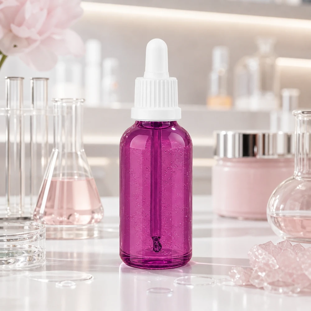 Frasco de pipeta de 30 ml com tampa de rosca de originalidade branca PurpleLine UT18/30 Frasco pipeta transparente de 30 ml em violeta com tampa branca para uma aplicação precisa com conta-gotas