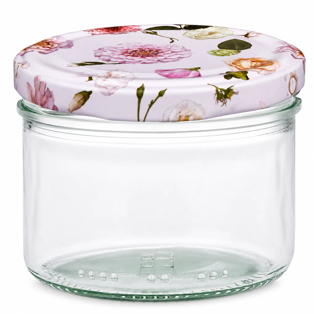 Frasco cilíndrico de 230 ml com tampa BasicSeal rosa flor - frasco de conserva com padrão floral para cozinha e arrumação