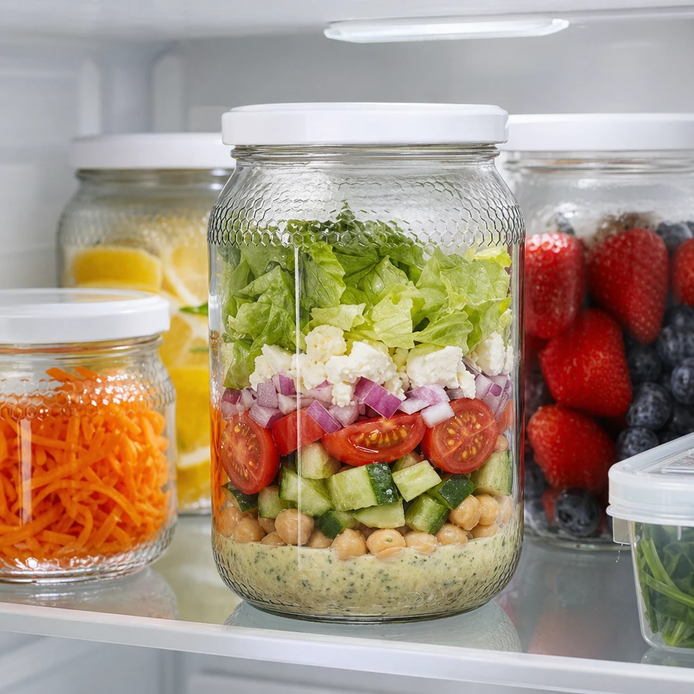 Frasco de mel de 900 ml como frasco de salada para preparação de refeições no frigorífico com salada em camadas Tampa BasicSeal UNiTWIST