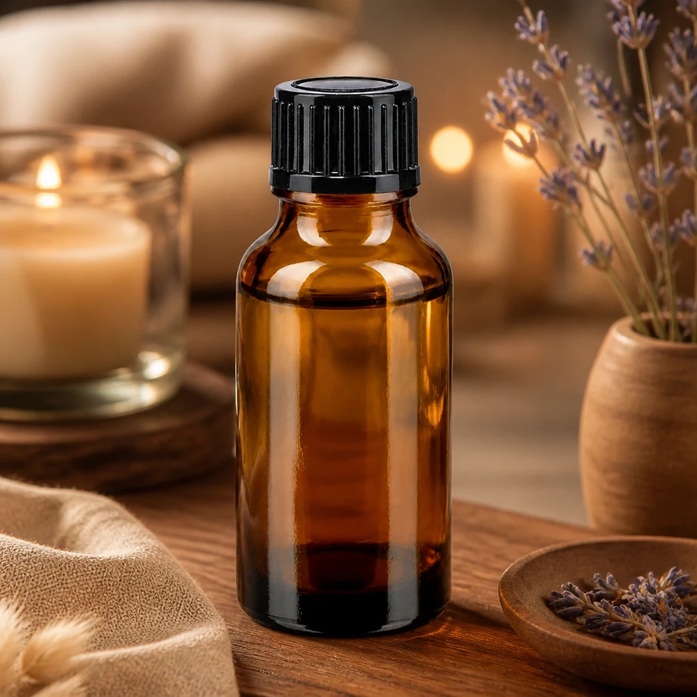 Frasco de farmácia castanho 20ml tampa de rosca preta standard Frasco de farmácia castanho de 20 ml com tampa preta de 11 mm, com velas e ramos de lavanda