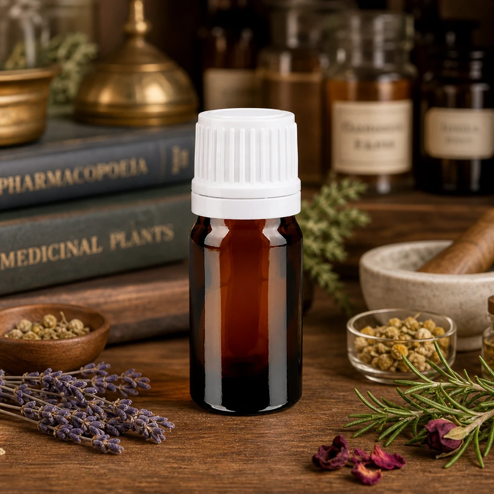 Frasco de farmácia castanho 5ml com tampa de rosca branca inviolável Frasco de medicamento de 5 ml em vidro protetor castanho com tampa de segurança branca sobre uma mesa de madeira