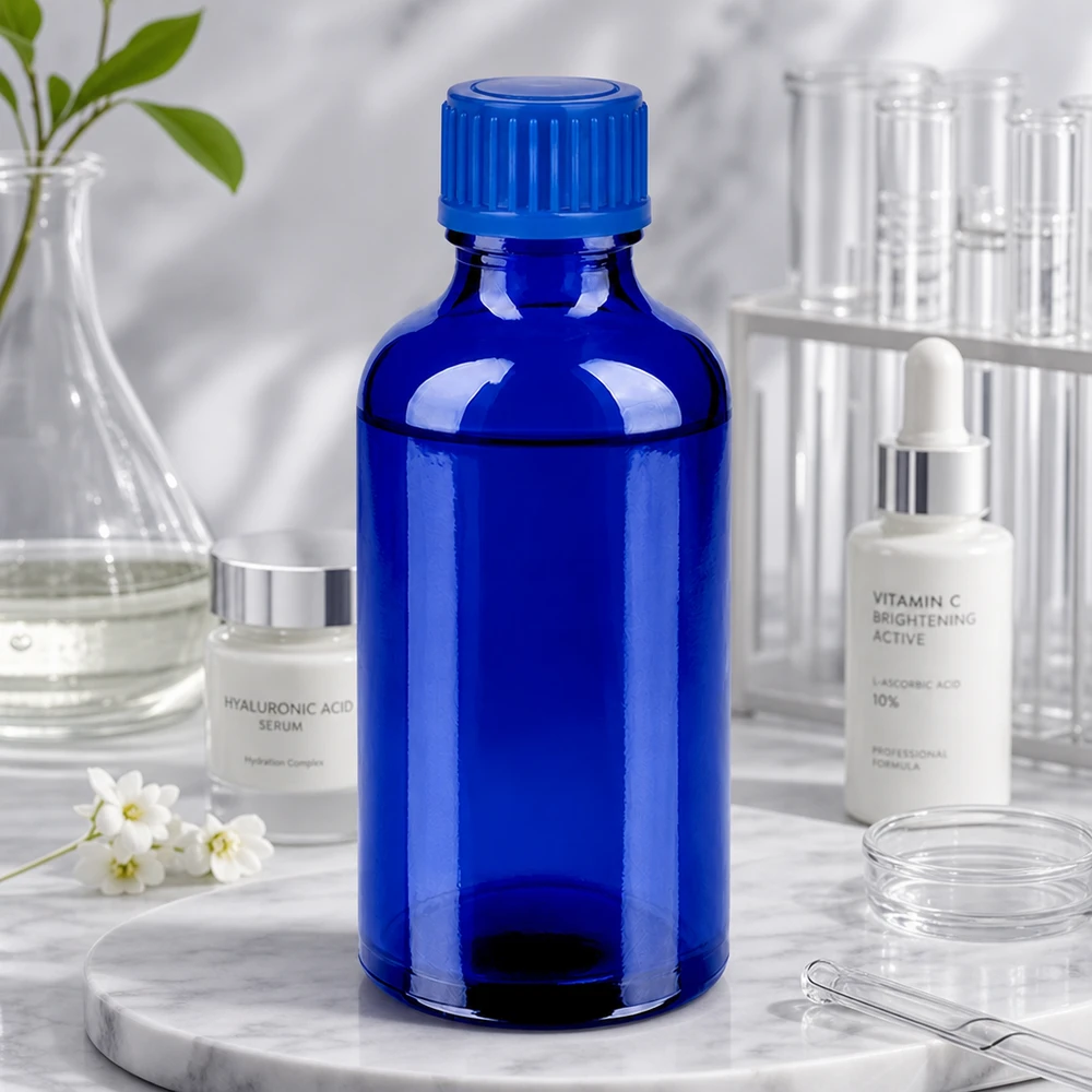 Frasco de 50ml com tampa de rosca de 11mm azul Standard BlueLine UT18/50 Frasco de vidro de 50 ml de alta qualidade em azul-cobalto intenso com tampa de rosca robusta para aplicações laboratoriais