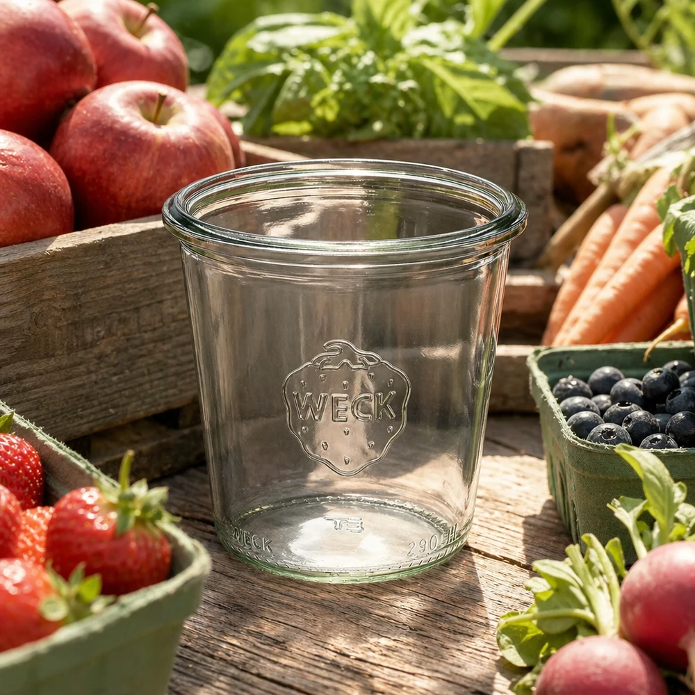 Frasco de vidro alto de 290 ml WECK RR80 Copos WECK de 290 ml RR80 de altura em vidro com o logótipo rodeado de frutas e legumes frescos numa mesa de madeira