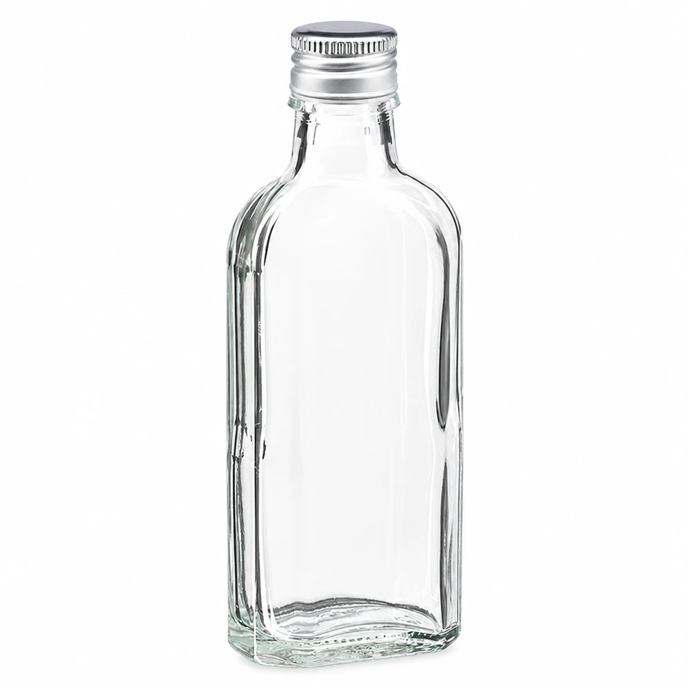 Frasco de vidro Meplat transparente de 100 ml com tampa de alumínio prateada PP22 para licores e óleos