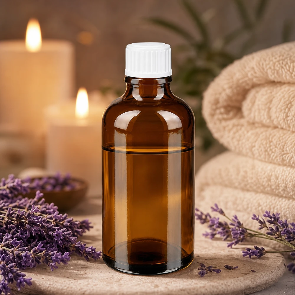 Frasco de farmácia castanho 50ml tampa de rosca branca standard Frasco de farmácia cor de âmbar de 50 ml com tampa conta-gotas branca, em frente a flores de lavanda e velas