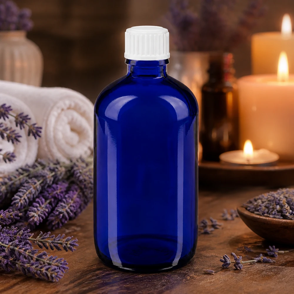 Frasco de vidro azul de 100 ml com tampa de segurança para crianças branca, para óleos essenciais