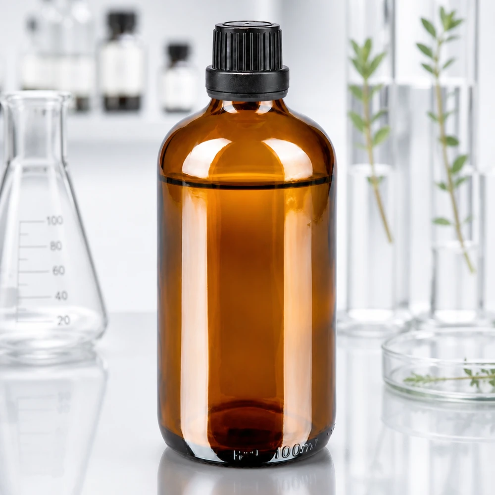 Frasco de vidro castanho de 100 ml com tampa de rosca preta num laboratório, entre um frasco de Erlenmeyer e tubos de ensaio