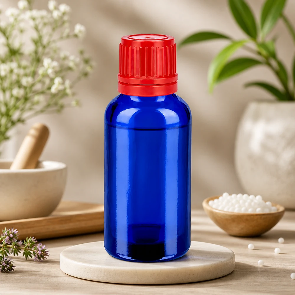 Frasco de boticário de 30 ml de alta qualidade em vidro azul com tampa vermelha à prova de crianças