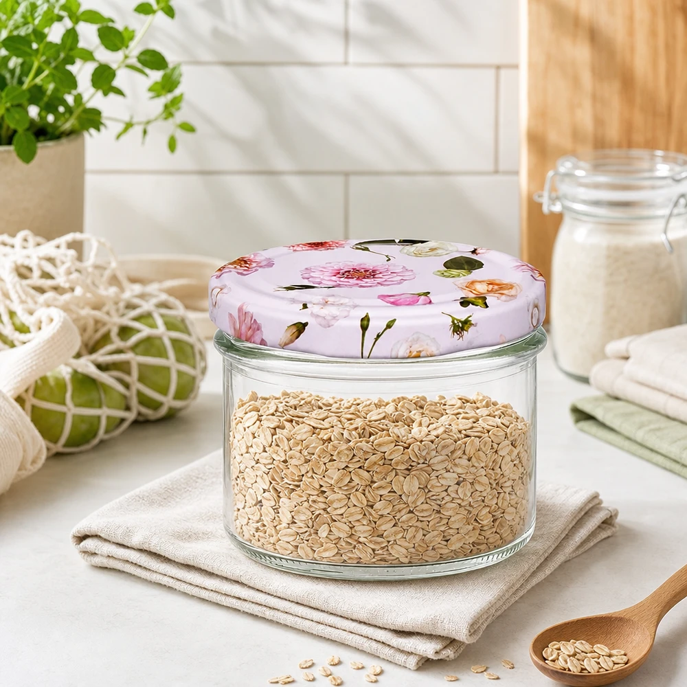 Copos de vidro de 225 ml + tampa BasicSeal flor rosa UNiTWIST Haferflocken in 225ml Sturzglas mit rosa Blumendeckel - praktische Küchendeko für Müsli und Getreide Aufbewahrung