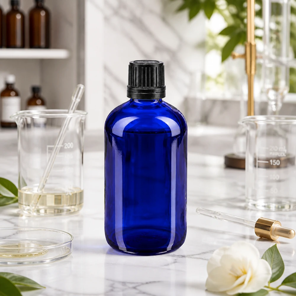 Frasco de vidro de farmácia azul de 100 ml com tampa original preta de 8 mm num ambiente de laboratório