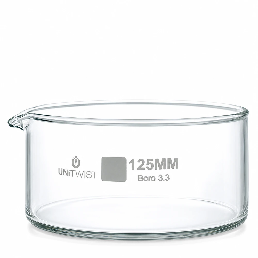 Prato de cristalização ø125mm em vidro borossilicato UNiTWIST Taça de cristalização de 125 mm em vidro borossilicato UNiTWIST, com bico vertedor, transparente e de forma cilíndrica