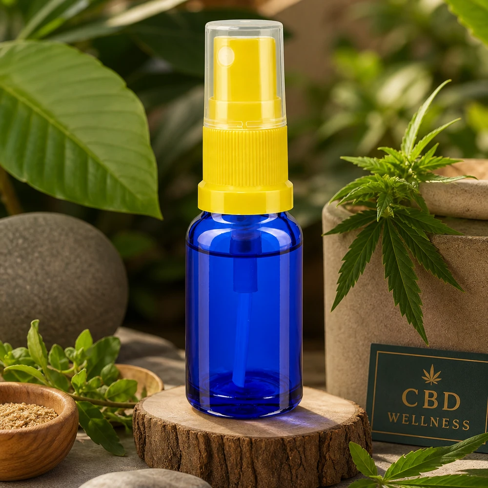 Pulverizador ApoGlas azul de 30 ml com cabeça de pulverização amarela, entre plantas de canábis e pedras naturais