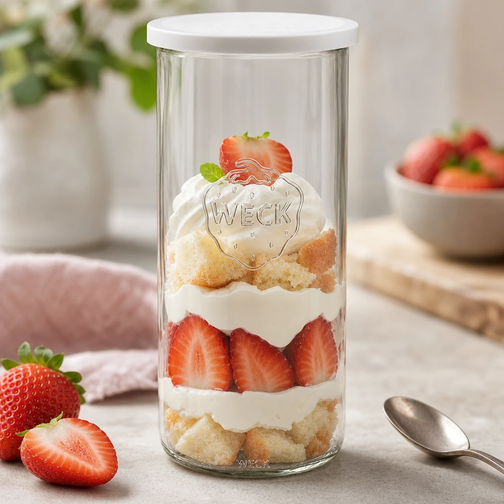 Copos de vidro de 1500ml com tampa fresca WECK RR100 O frasco WECK 1500ml RR100 cheio de morangos para sobremesa apresenta uma utilização versátil como prato de sobremesa com colher