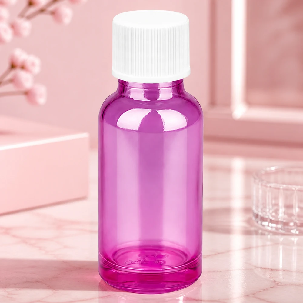 Frasco elegante de 20 ml em roxo brilhante com tampa branca para produtos de beleza