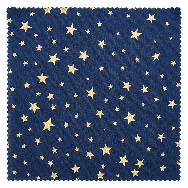 Pano de cozinha azul "estrelas" 15cm quadrado Blaues Stoffdeckchen mit goldenen Sternen verschiedener Größen Detail-Ansicht 15cm quadratisch für Dekoration
