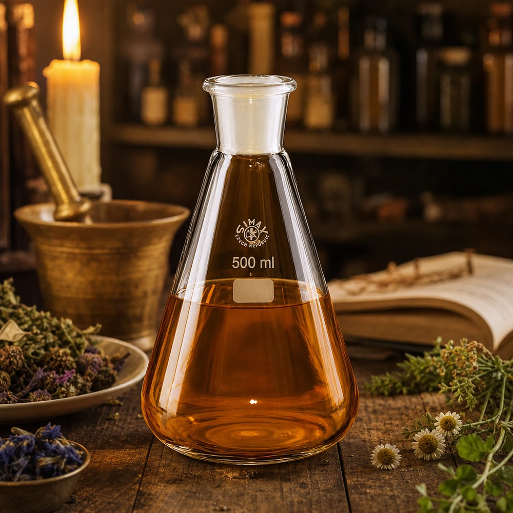 Solução de cor âmbar em Erlenmeyer transparente de 500 ml com junta esmerilada NS 29/32