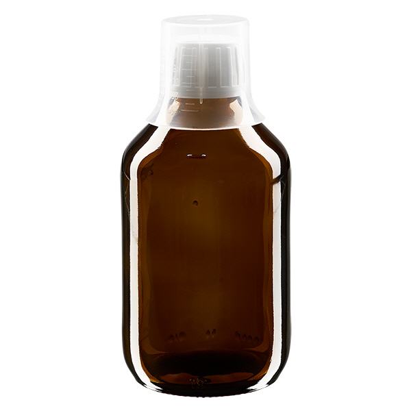 Frasco para medicamentos de 250ml castanho, tampa inviolável com copo doseador 30ml ApoGlas Frasco para medicamentos de 250ml castanho, tampa inviolável com copo doseador 30ml ApoGlas