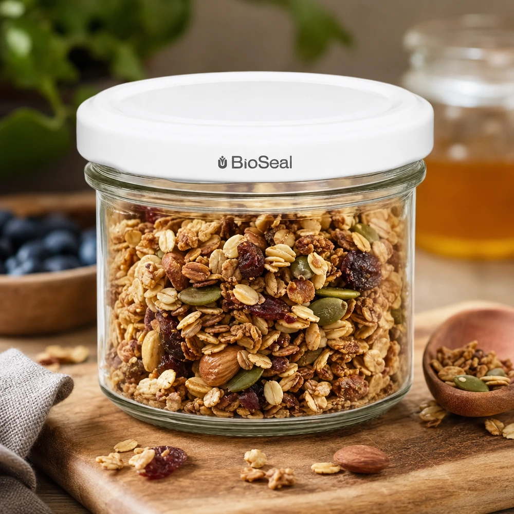Copos UNiTWIST Frasco de muesli de 125 ml Frasco para guardar frutos secos TO66 BioSeal tampa branca de madeira para cozinha