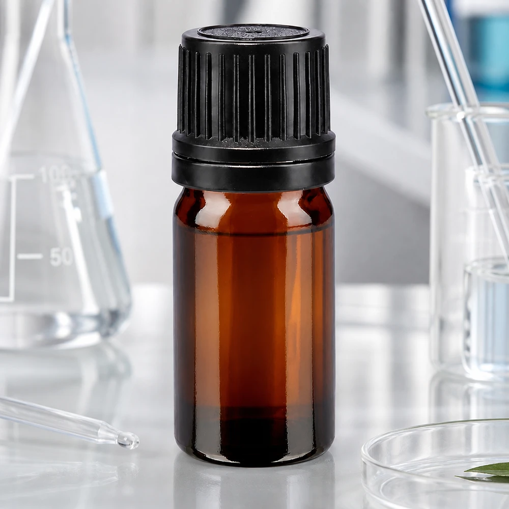 Frasco de vidro castanho de 5 ml com tampa de rosca preta num ambiente de laboratório com frascos de Erlenmeyer