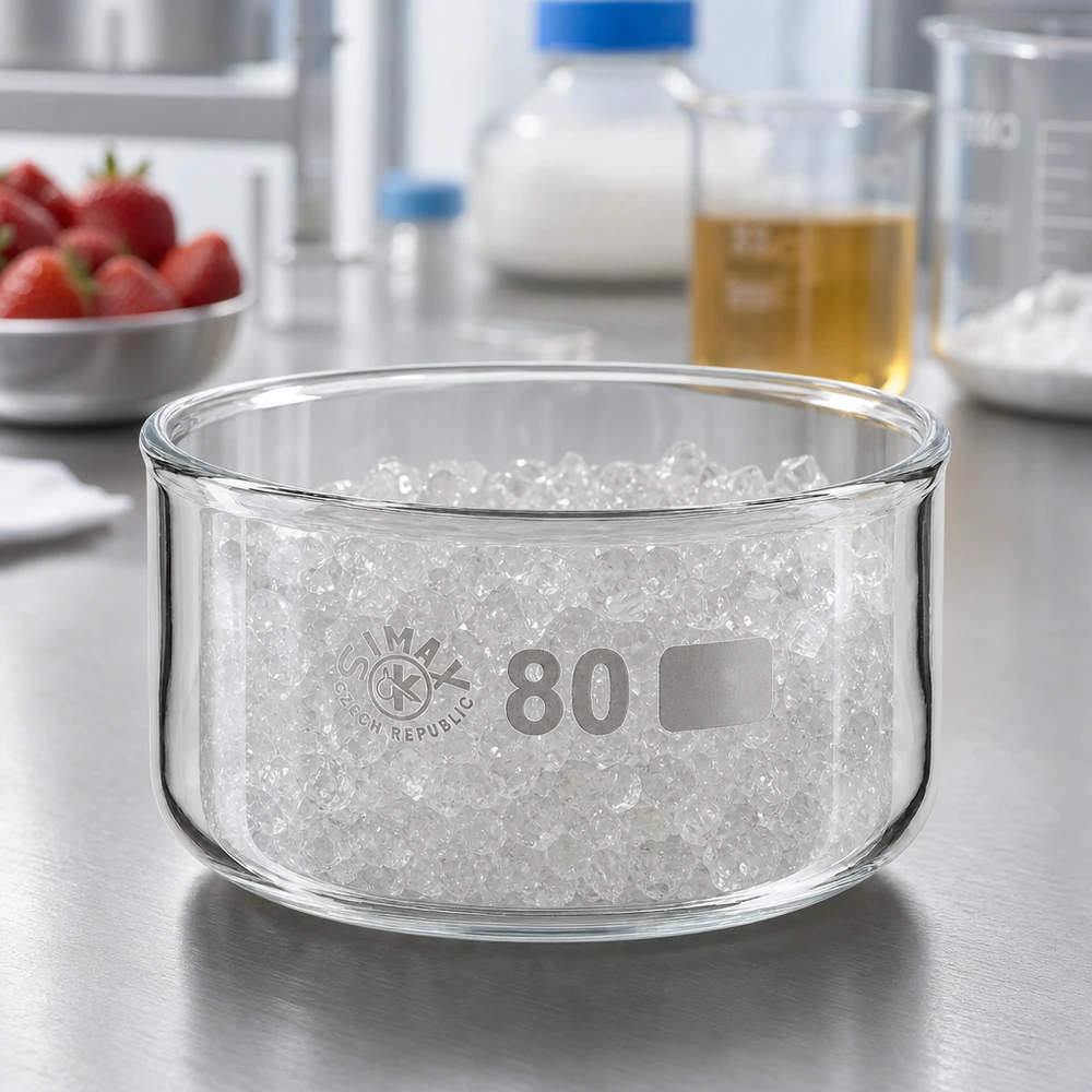 Bandeja de cristalização SIMAX de 150 ml com grânulos brancos sobre uma bancada de aço inoxidável no laboratório