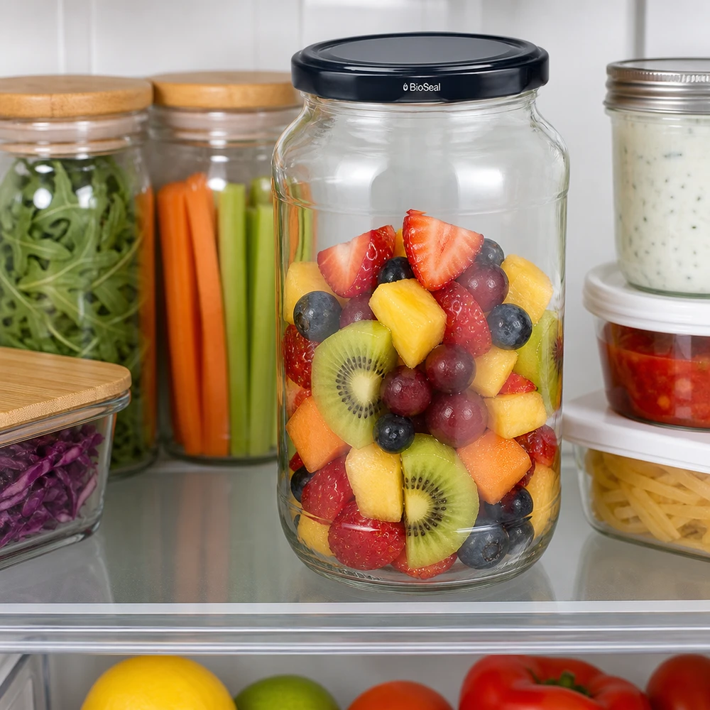 Frasco redondo UNiTWIST 1062 com tampa preta TO82 BioSeal cheio de salada de fruta para manter fresco no frigorífico