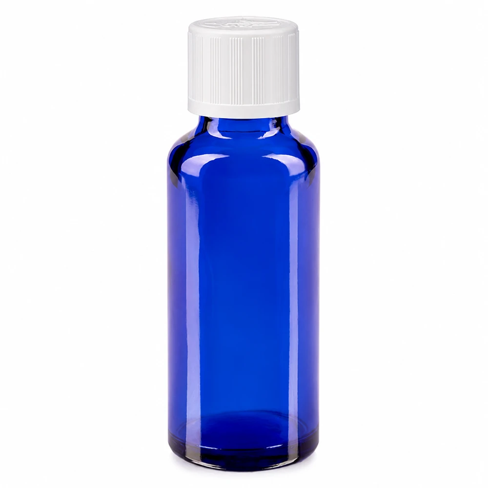 Frasco de farmácia azul 30ml tampa de rosca branca padrão resistente a crianças Frasco de vidro azul de farmácia com 30 ml e tampa de segurança para crianças branca de 11 mm