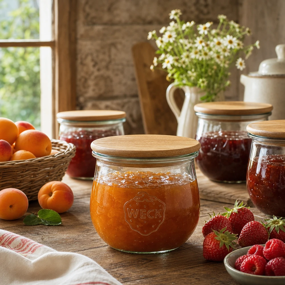 370ml Tulpenglas WECK RR80 mit Holzdeckel Frasco tulipa WECK de 370 ml RR80 cheio de compota de alperce ao lado de fruta fresca numa cozinha rústica