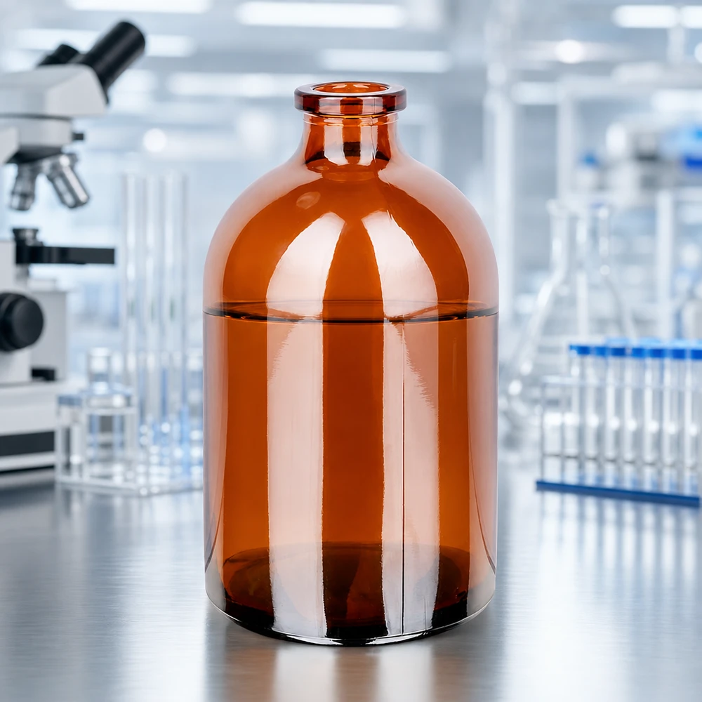 Frasco para injectáveis de vidro âmbar 100ml Sterile Braunglas-Injektionsflasche 100ml für Infusionslösungen vor professioneller Laborausstattung