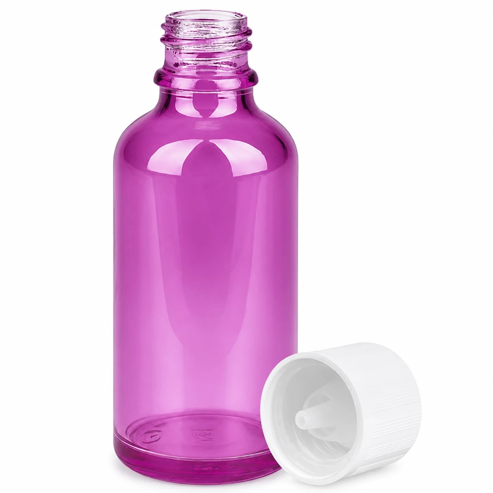 Frasco conta-gotas roxo de 50 ml com fecho de segurança para crianças e abertura de dosagem precisa de 1,2 mm para uma utilização segura