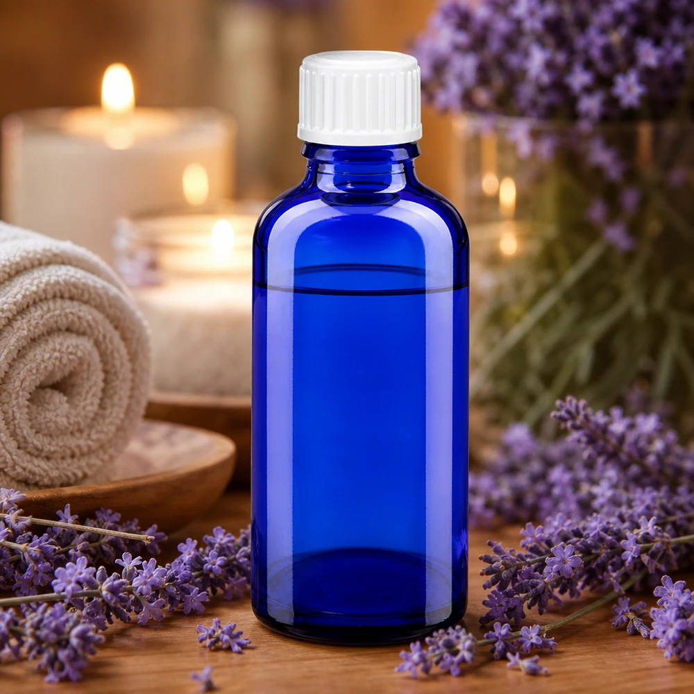 Frasco de vidro azul de 50 ml com tampa branca, entre flores de lavanda e velas, num ambiente de spa