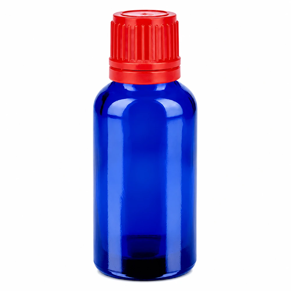 Frasco de 30ml 11mm tampa de rosca vermelha tampa inviolável BlueLine UT18/30 Frasco de vidro de 30 ml com tampa de rosca vermelha para óleos essenciais e aplicações por gotejamento